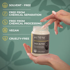 Alteya Organics Pure Shea Butter glass jar front showcases premium organic product for nourishing daily care.
