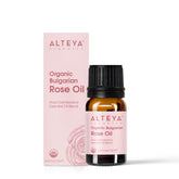 Alteya Organics rose oil bottle pour supports convenient daily hydration in skincare.
