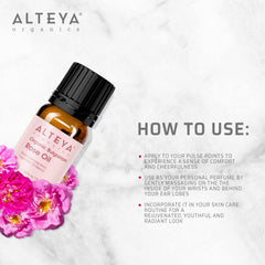 Alteya Organics rose oil closeup drop highlights aroma and nourishment benefits.