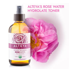 Alteya Organics Rose Water close-up of petals highlights pure distillate and soothing skincare use.