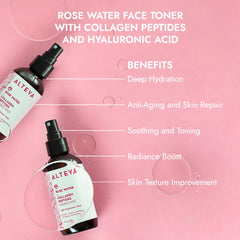 Alteya Organics Rose Water Face Toner ingredients collage highlighting collagen peptides and hyaluronic acid benefits.