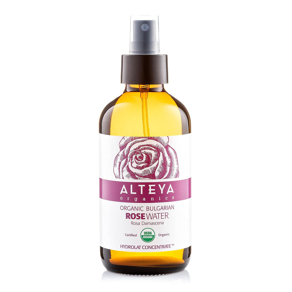 Alteya Organics Rose Water toner in amber bottle for gentle skin hydration and balancing tone.