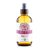Alteya Organics Rose Water toner in amber bottle for gentle skin hydration and balancing tone.