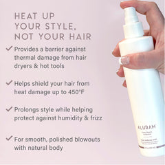 Close-up of ALURAM Heat Defense Mist spray application and barrier action