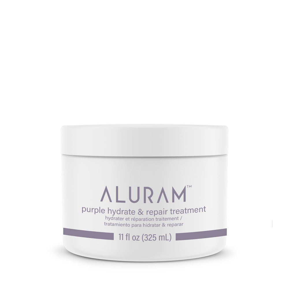 ALURAM Purple Hydrate & Repair bottle close-up showing rich moisture for color-treated hair.