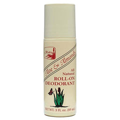 Alvera roll-on deodorant Aloe & Almonds ingredients panel highlights natural Aloe and almond scent.