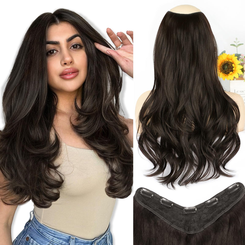 ALXNAN clip-in extensions in dark brown 20 inch for instant fullness.