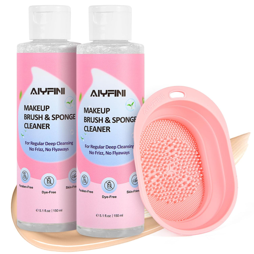 Alyfini makeup brush cleaner solution bottle shows powerful stain removal and quick cleansing.