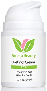 Amara Beauty Retinol Cream bottle demonstrates 2.5% retinol for brighter, smoother skin.