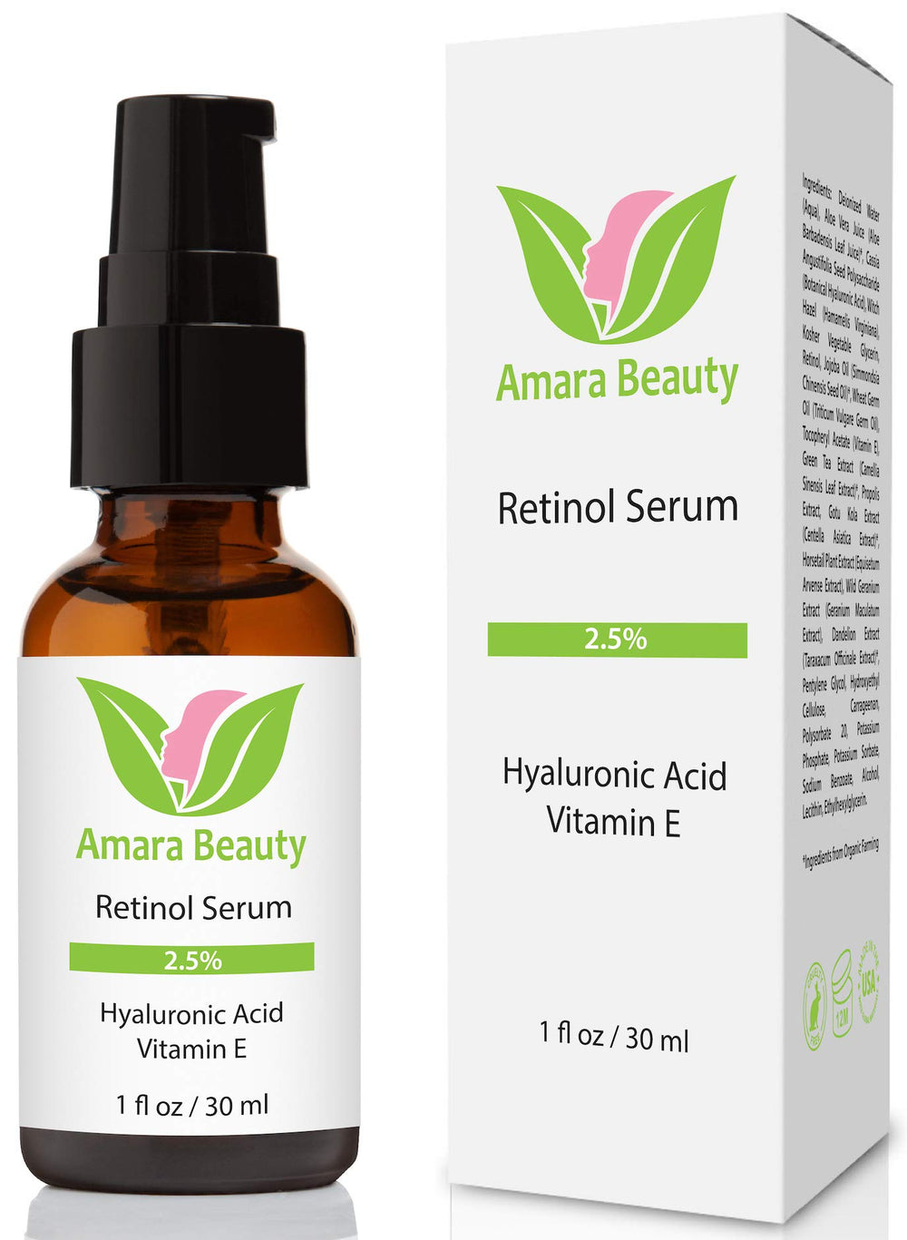 Amara Beauty Retinol Serum bottle close-up showing premium radiance potential.