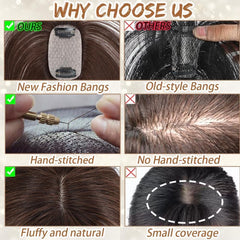Amchoice 3D wispy bangs closeup demonstrates seamless integration with real hair.