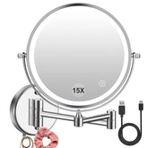 Amelar wall-mounted LED makeup mirror, 8-inch double-sided for precise everyday makeup.