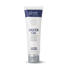 American Biotech Labs SilverBiotics SilverSol bottle showing soothing gel for skin comfort.