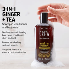 American Crew 3-in-1 Ginger & Tea body wash applied to skin for revitalizing cleanse.