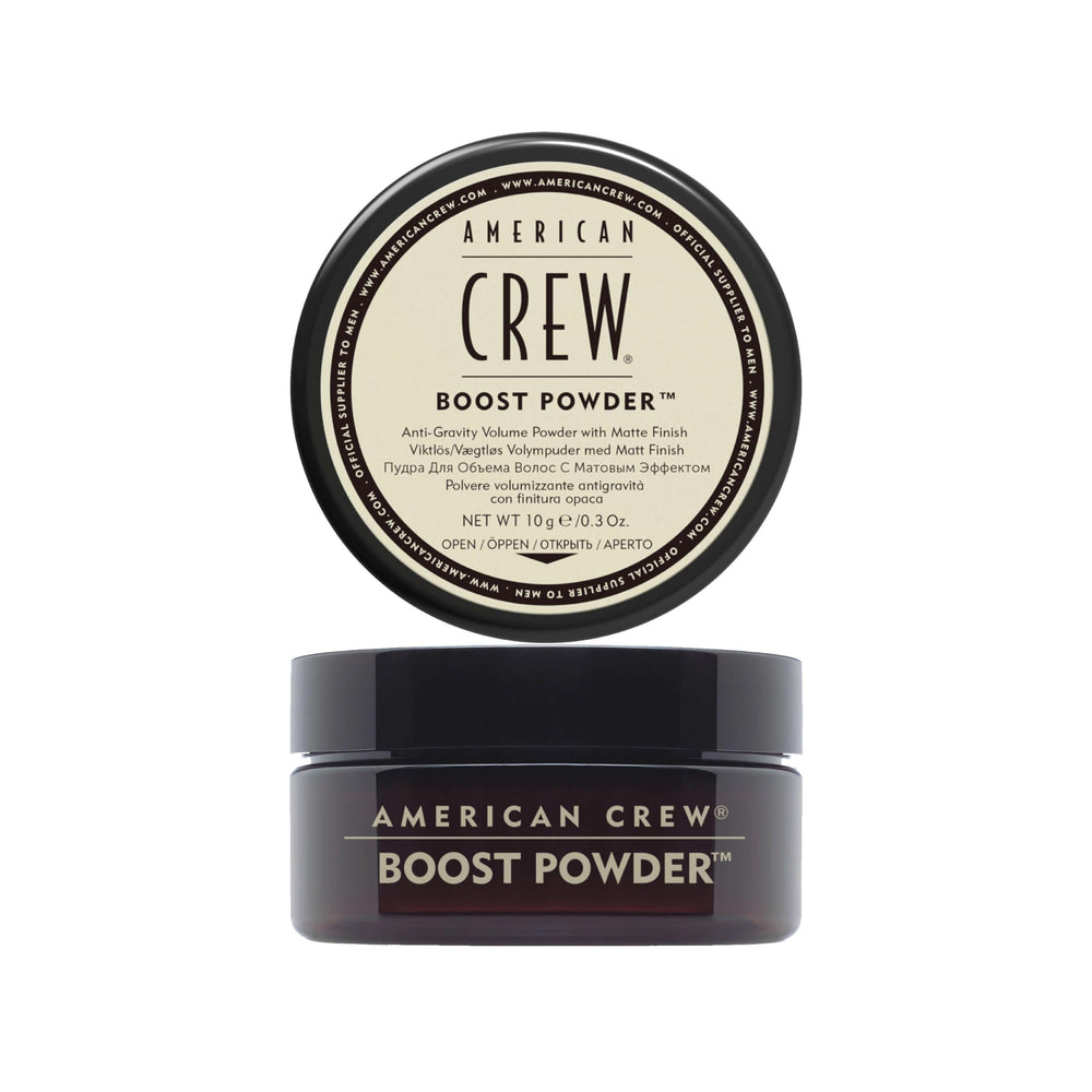American Crew Boost Powder root lift shows weightless volume for thicker-looking hair