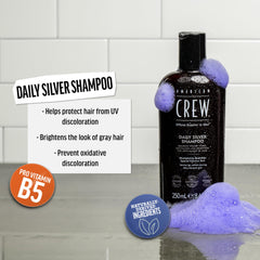 American Crew Daily Silver shampoo lathers through hair to smooth and soften gray strands.