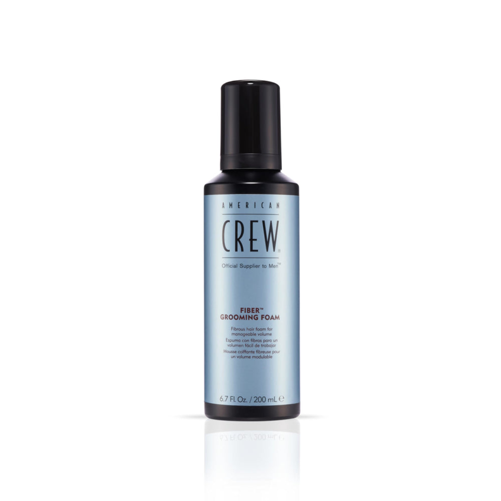 American Crew Hair Fiber Grooming Foam bottle showing lightweight hold and natural shine.