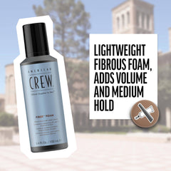 American Crew Hair Fiber Grooming Foam dispense demonstrates easy application for quick styling.