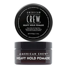 American Crew Hair Pomade old-version jar highlights heavy hold and high shine styling.