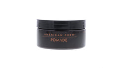 American Crew Pomade 3oz jar with slick-back styling example illustrating glossy finish.