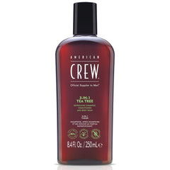 American Crew Tea Tree 3in1 shampoo bottle for clean hair and refreshed skin.