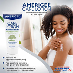 AMERIGEL Care Lotion bottle back highlights ingredients and diabetic skin care support.