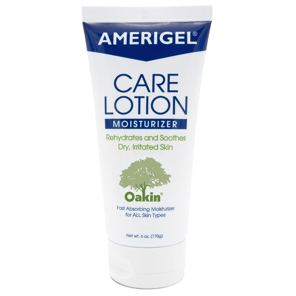AMERIGEL Care Lotion bottle front shows hypoallergenic moisturizer for sensitive skin hydration.