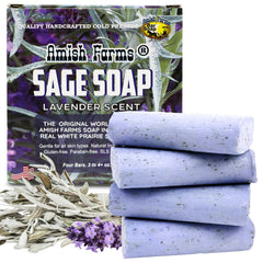 Amish Farms Sage Soap Bar lavender-bentonite image demonstrates soothing cleanse with exfoliation.