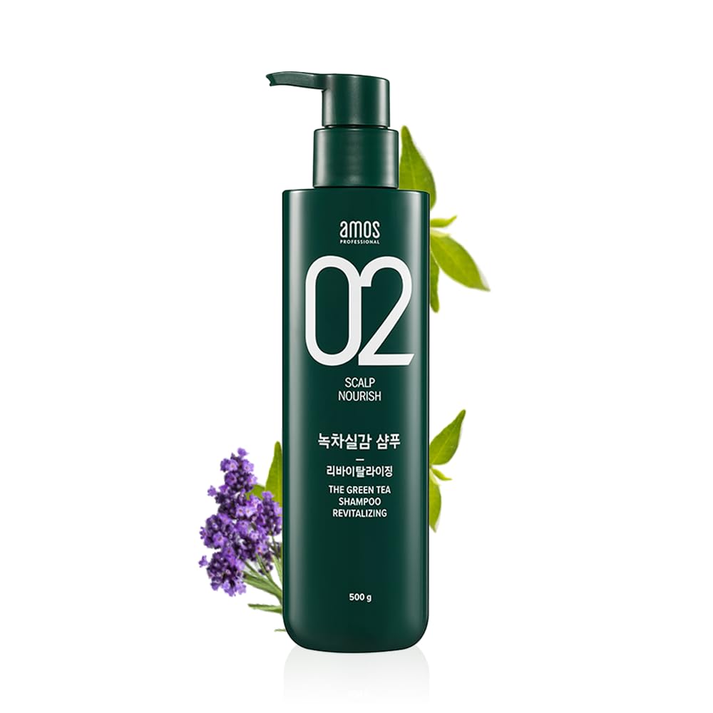 AMOS PROFESSIONAL Green Tea Shampoo Refresh front bottle shows sebum control potential.