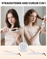 One-handed use shows AmoVee curling iron in action for versatile looks.