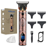 AMULISS professional hair trimmer in hand demonstrating cordless operation for on-the-go grooming.