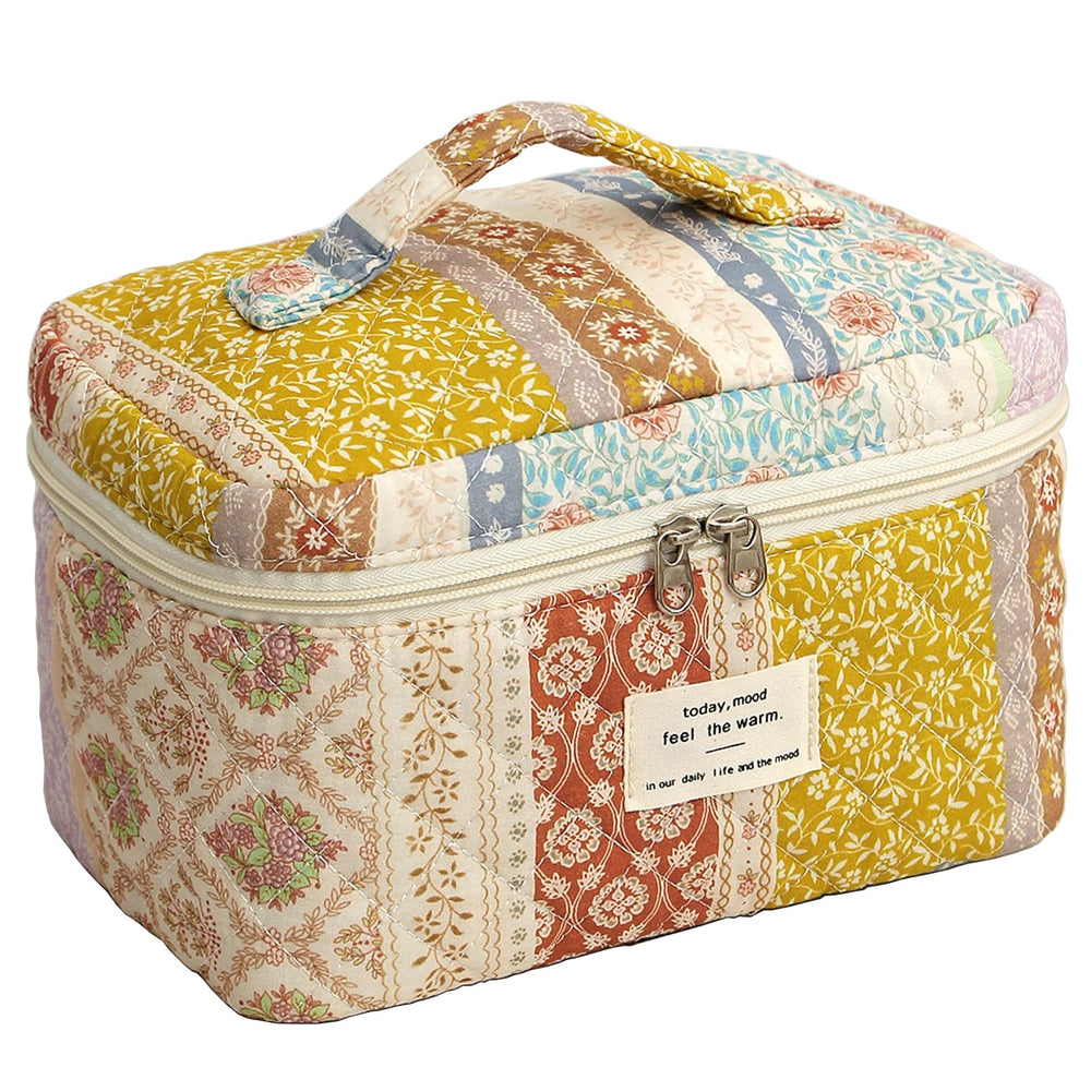 AMULOKRU Quilted makeup bag front view shows durable soft fabric for daily use