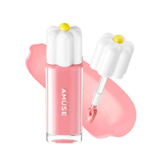 Amuse Seoul Daisy Flower Dew Tint bottle closeup shows transfer-free, long-lasting shine.