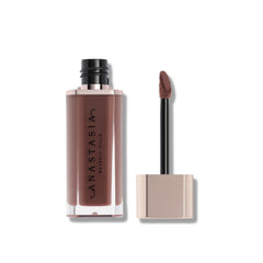Anastasia Lip Velvet Cool Brown application close-up demonstrates precise, cushiony pigment for everyday wear.