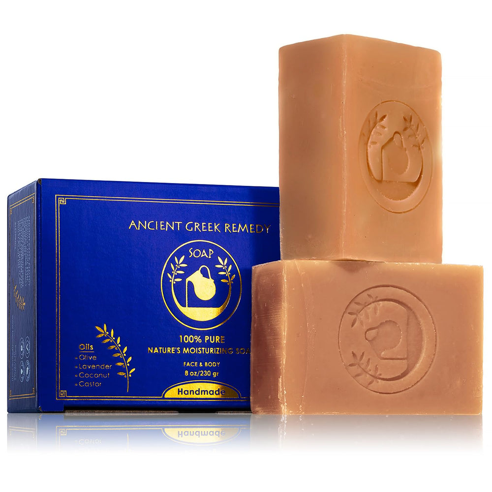 Ancient Greek Remedy soap bar face and body closeup shows gentle cleansing and hydration.