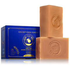 Ancient Greek Remedy soap bar face and body closeup shows gentle cleansing and hydration.