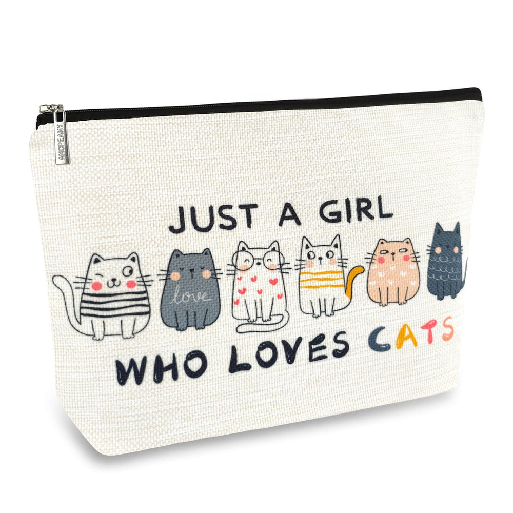 ancpeany cat gifts makeup bag front view with durable linen and vibrant print