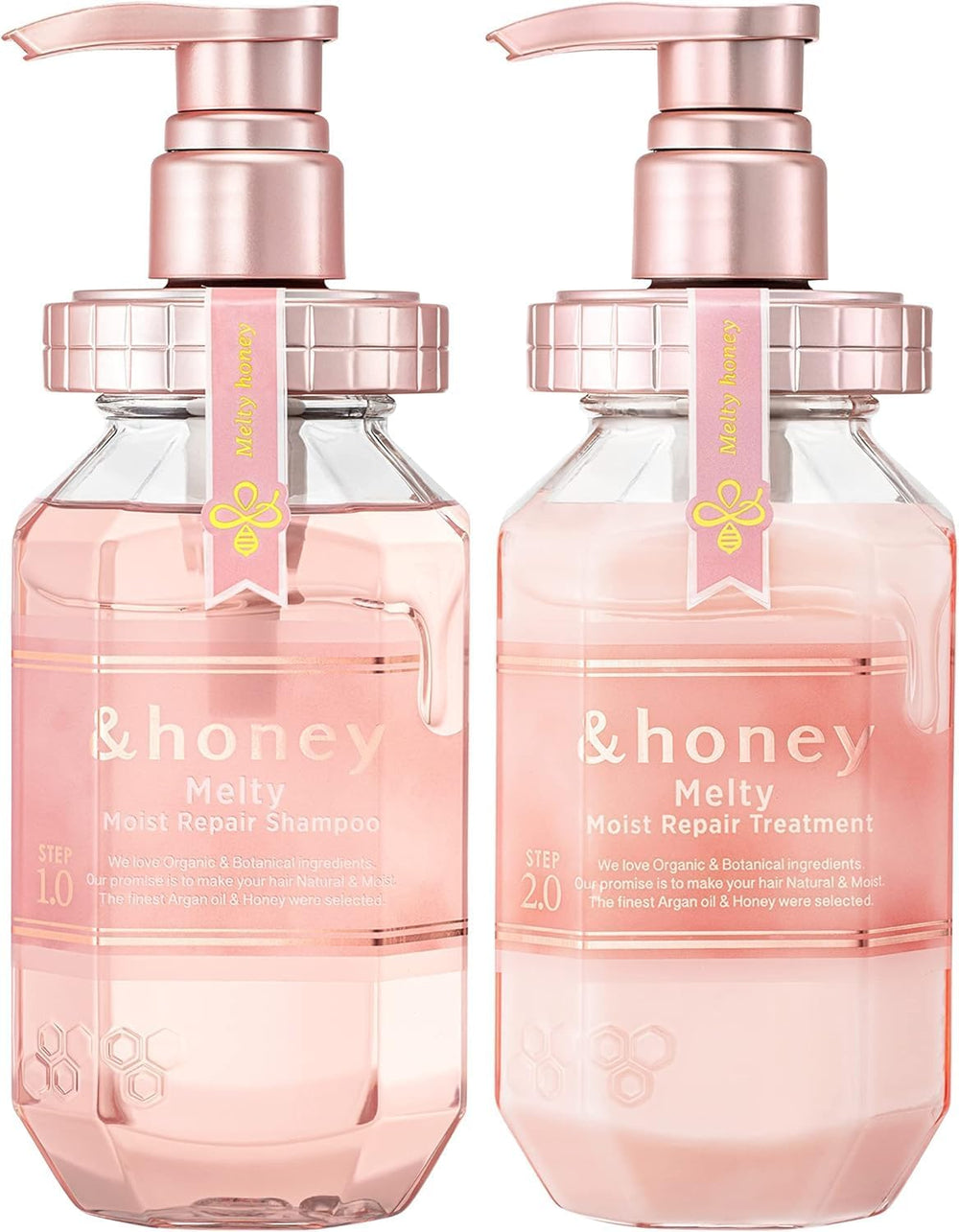 And Honey Melty Moist Repair Shampoo bottle demonstrates hydrating argan oil for soft, manageable hair.