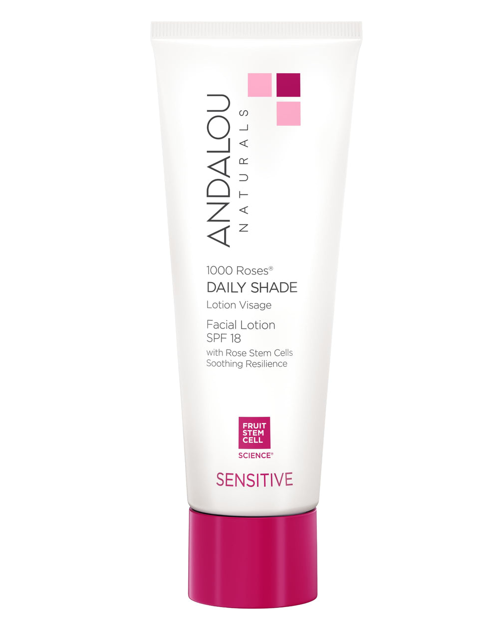 Andalou Naturals 1000 Roses SPF18 bottle for daily sun protection and hydration