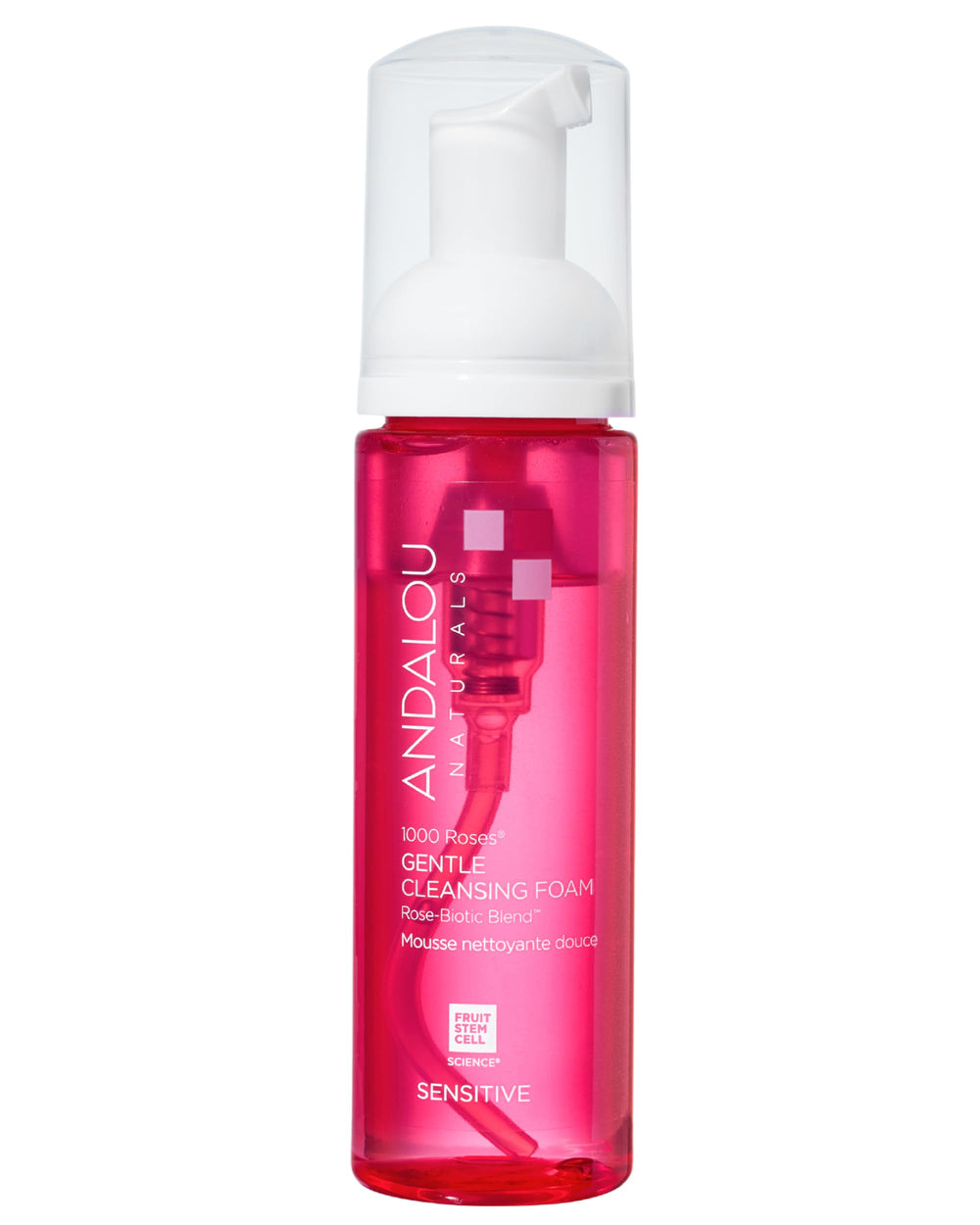 Andalou Naturals 1000 Roses foam bottle demonstrates a gentle daily cleanse for sensitive skin