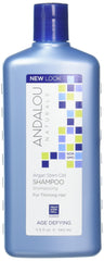 Andalou Naturals Argan Stem Cell Age Defying Shampoo bottle shot shows nourishing cleanse for daily care.