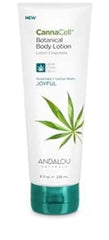 Andalou Naturals CannaCell Joyful lotion bottle front for nourished skin.
