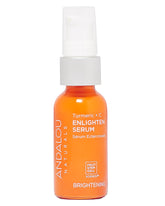 Andalou Naturals Turmeric + C Enlighten Serum bottle highlighting glow-enhancing formula for uneven skin tone.