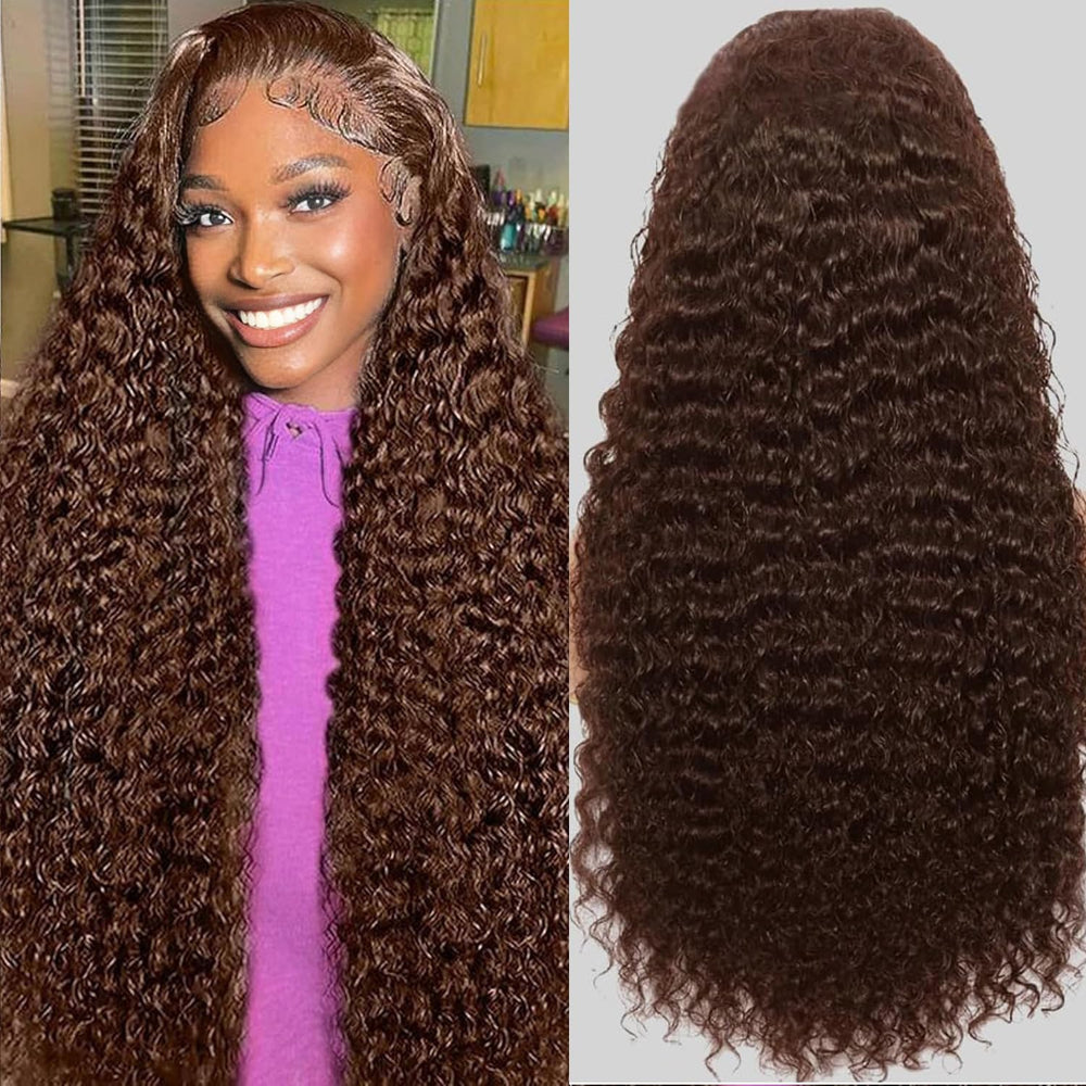 Anderah 30-inch chocolate brown deep wave wig front view shows natural-looking part and fullness.