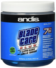Andis Blade Care Plus Jar packaging demonstrates a quick seven-in-one blade care solution for blades