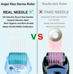 Angel Kiss derma roller face-application demonstrates smoothing for a luminous complexion.