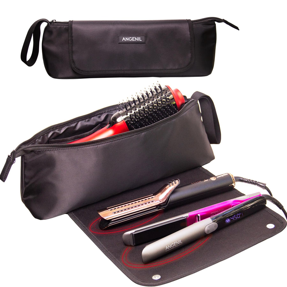 ANGENIL large flat iron travel bag open showing organized tool layout for irons and dryers