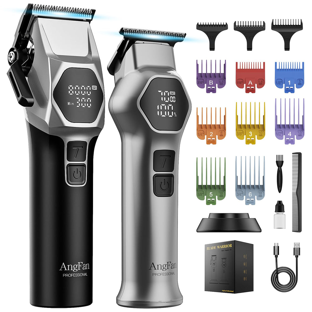 ANGFAN professional hair clippers on the charging base show organized power management for salon-ready days.