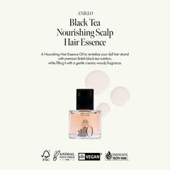 ANILLO Black Tea Nourishing Hair Essence ingredients showcase marula and argan oils for frizz control.