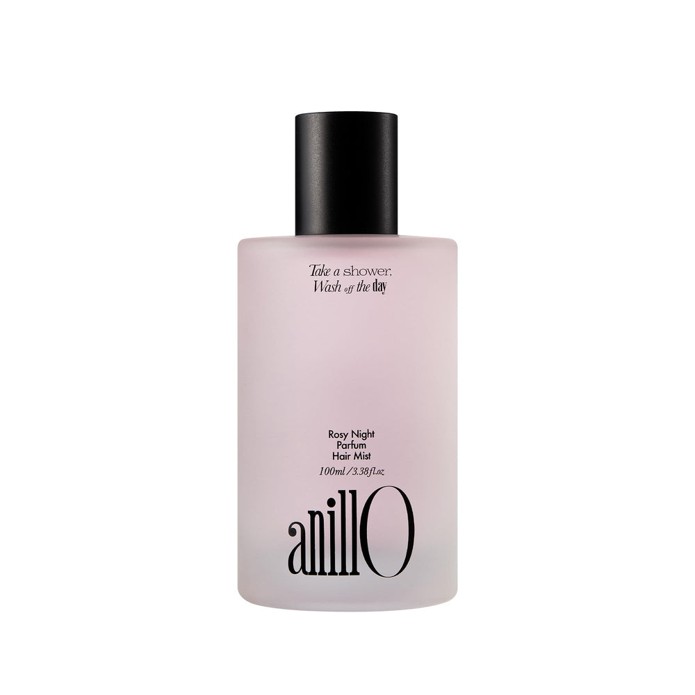 ANILLO Rosy Night bottle closeup highlights long-lasting fragrance for all hair types.